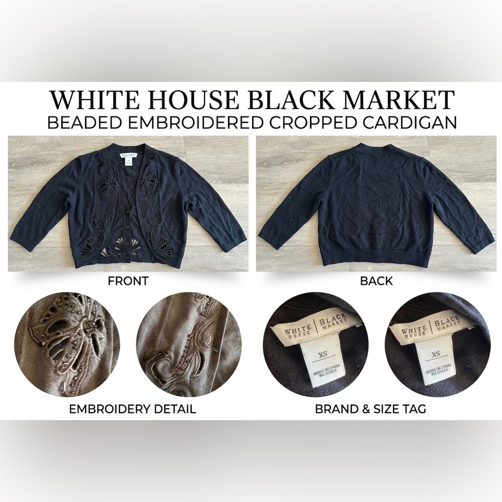 White House Black Market Black Beaded Embroidered Cropped Cardigan